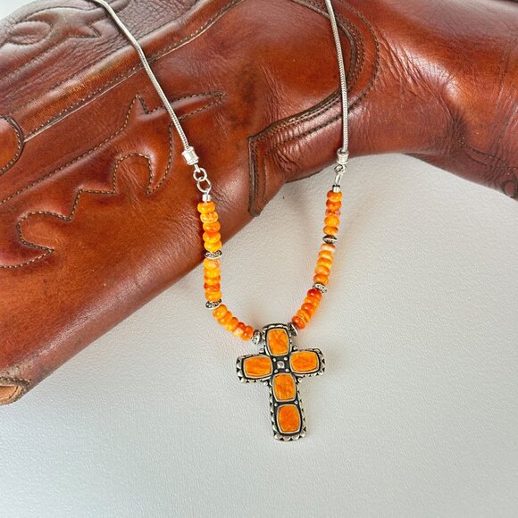 Western Necklace, Sterling Cross Necklace, Spiny Oyster Necklace - Picture 3 of 9